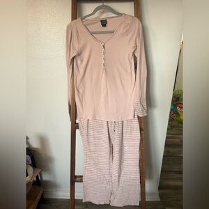 Motherhood Blush Pink Long-Sleeve Pajama Set with Striped Pants